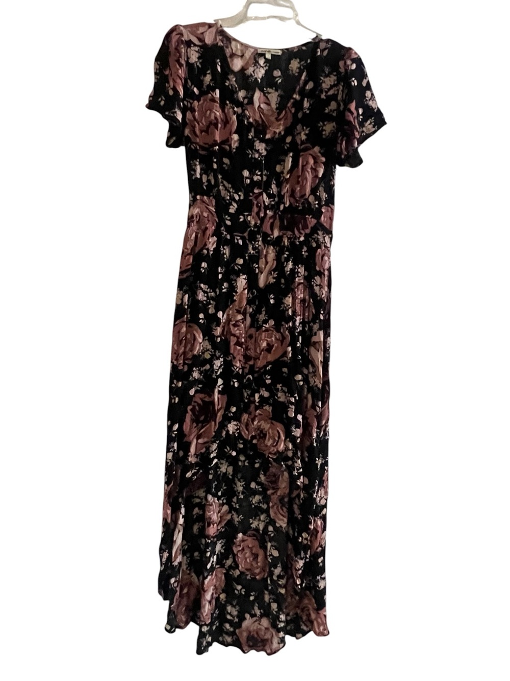 Women's Black Floral High Lo Maxi Dress with Mauve Roses Size Small